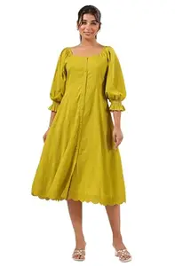 Janasya Women's Lime Green Pure Cotton Schiffli A-line Dress (JAA25DR02012-2XL)