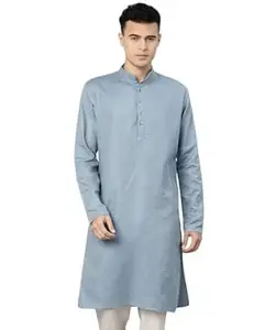 Majestic Man Men's Cotton Blend Textured Solid Mandarin Collar Classic Ethnic Long Kurta