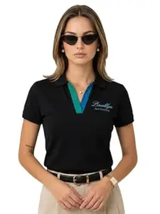 JUNEBERRY® Women’s Regular Fit Lycra Polo T-Shirt with V-Neck and Contrast Trim on Collar and Half Sleeves, Soft Fabric for Comfortable All-Day Wear (Sizes S to 2XL)