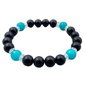 RRJEWELZ Natural Black Onyx & Blue Jade 8mm Round Shape Smooth Cut Beads 8 Inch Stretchable Bracelet For Men & Women. Unisex Bracelet For Healing, Meditation, Prosperity, Gift & Luck|STBR_RR_10700_8.0
