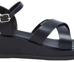 Max Women Solid Double Strap Wedge Sandals,Black,38