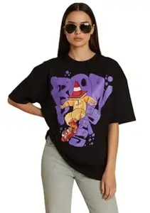 TQH Round Neck Half Sleeve Cotton Blend Oversized Tshirt for Women, Round Neck Longline Printed Drop Shoulder Loose Fit T-Shirt for Women