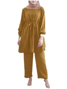 KGFASHION Women's Co-ord Set Islamic wear cord set Crepe top & Elasticated Waist Pant Set yellow L