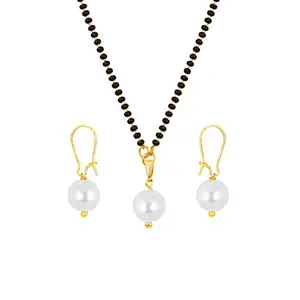 JFL - Jewellery for Less Trendy Gold Plated Pearl pendant with Pearl Earring and Black Beaded Chain Mangalsutra for Women,Valentine