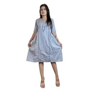 Ytaminz Women's Cotton A-Line Midi Dress with Hand Block Print | Grey Embroidered Frock | Casual Summer One Piece Dress | (M-XXL)