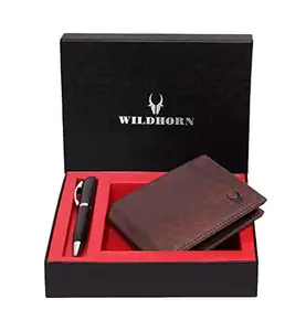 WildHorn ® RFID Protected Brown Genuine Leather Men's Wallet and Pen Combo