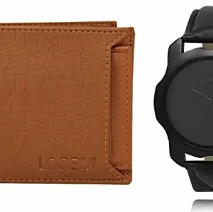 LOREM Tan Color Faux Leather Wallet & Black Analog Watch Combo for Men | WL03-LR22