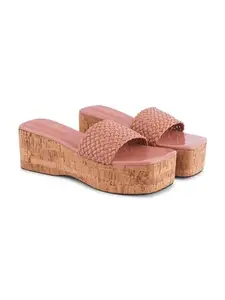 STEPT6 Women's & Girls Stylish Peach Cork Wedge Heels Comfortable & Trendy Party Ladies Summer Fashion Sandals. Peach