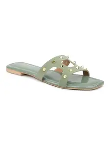 INC.5 Women Green Open Toe Flats with Embellished Detail