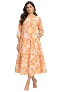 Women's Floral Print Tiered Midi Dress, Orange and Pink, 3/4 Sleeves, Casual Ethnic Wear