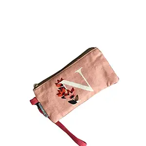 100% Cotton Pink Utility Pouch with Alphabet N - 7 inches x 5 inches | Peacoy