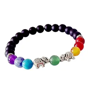 RRJEWELZ Natural 7 Chakra Stone & Matte Onyx 8mm Round Shape Smooth Cut Beads 8 Inch Stretchable Bracelet For Men & Women. Unisex Bracelet For Healing, Meditation, Prosperity & Luck|STBR_RR_09549_8.0
