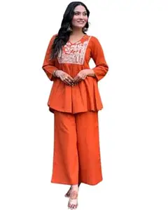 samikshafashion Women's Cotton Embroidered Flared Kurta With Pant Set