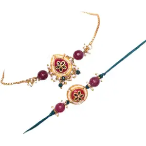 Taasha Craft Set of 2 Maroon Red Kundan Bhaiya Bhabhi Bracelet Rakhis – Lumba Rakhi Set