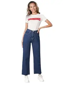 KOTTY Womens High Waist Flared Fit Ankle Length Clean Look Denim Jeans