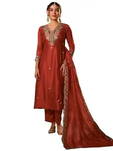 Naixa Women's Vichitra Silk Embroidered Flared Kurta with Pant and Dupatta Sets (NX5-695)