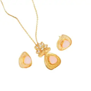 NAVA Shatalu Pendant Set | Pink Colour Stone | Gold Plated | Handmade Brass Jewellery | Gifts for Women & Girls | Golden Colour