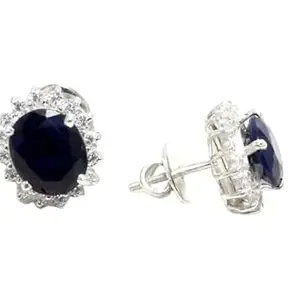 Rajasthan Gems Stud Earrings Ear Tops 925 Sterling Silver Natural Blue Sapphire Gem Stone & Cubic Zirconia CZ Handmade Women Gift i332