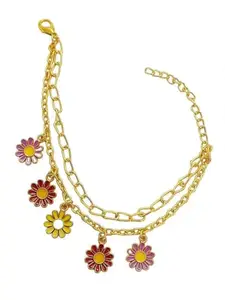Double Chain Daisy Charm Bracelet, Gold Plated, Multi-Colour Flower Charms