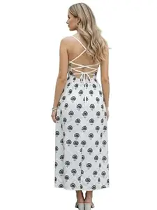 Aahwan White Printed Round Neck Sleeveless Backless Long Indo Western Fusion Dress for Women's & Girl's