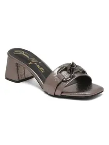 Bruno Manetti women's Gunmetal Slip-on Back Open with Upper Chain Square Toe Comfort New Broad Heels