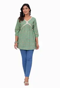 Women Cotton Floral Print Alia Cut V Neck Lace Detail Three Quarter Sleeves Short Kurti(Green)