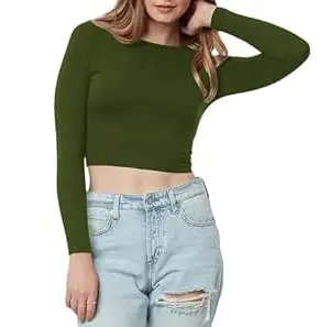 Women's Cotton Boat Neck Full Sleeve Solid Casual Wear Crop Top for Women L355