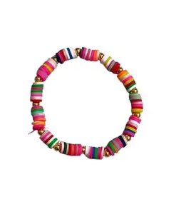 Colorful Heishi Bead Stretch Bracelet, Rainbow Disc Beads with Gold Accents, Fashion Jewelry