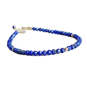 LKBEADS Gold Plated Bracelet with Blue Faceted Lapis Lazuli Beads – Round 3.5mm – 7 inch Adjustable – For Men & Women|LK_STACK_04336