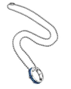 Uniqon Unisex Silver & Blue Plated Stainless Steel Funky Rotatable Cuban Link Chain Inlaid Spinner Fidget Round Shape Circle Ring Pendant Locket Necklace With Ball Chain