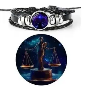Choose Your Zodiac Sign Constellation Handmade Black Genuine Bracelet imported Leather Adjustable with wrist, For Man,Women & all age, Unisex Adult (Libra तुला)
