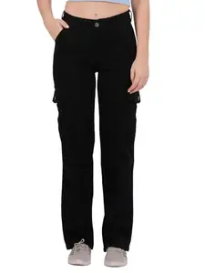 FCK-3 Dark Black Stretchable Denim High Rise Straight Fit Six Pocket Cargo Jeans for Women