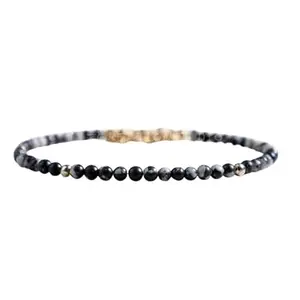 RRJEWELZ Snowflake Obsidian Round Beaded Bracelet – Smooth 3mm Multicolor Stones with Gold Lock – 7 Inch Adjustable link Bracelet for Men & Women|LCBR_RR_06202