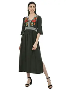 Saakaa Women's Rayon Olive Green Embroidery Maxi Dress