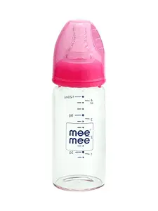 Mee Mee Premium Glass Feeding Bottle with Eazy-Flow Technology, Anti-Colic Valve,Anti Slip,BPA-Free Baby Feeding Bottle for Babies & Toddlers(Pink, 120Ml)