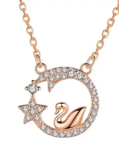 Pure 925 Sterling Silver Artificial Diamond Swan with Crescent Moon and Stars Necklace