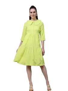 PoshBery Green Self Design Peter Pan Collar A-Line Dress