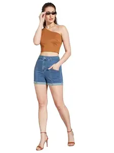 Life With Pockets Women's Relaxed-Fit High-Rise Stretchable Blue Denim Shorts (LPAW24DEN85-70-115-34, Blue, 34)