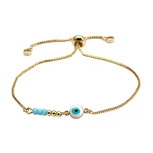 Yellow Chimes Evil Eye Beads Gold Plated Adjustable Unisex Hand Bracelet for Men and Women, Medium