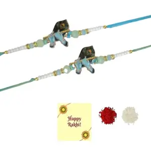 DMS RETAIL Unisex Adult Set Of 2 Little Krishna And Peacock Feather Designer Rakhis For Brothers With Roli Chawal Pack