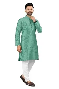 Traditional Men's Kurta, Jacquard Pattern, Mandarin Collar SEA Green (Size - L)