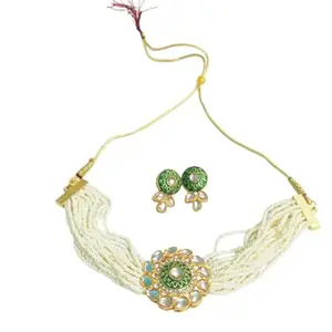 Pearl Studded Necklace Set with Earrings, Beaded Multi-Strand, 46 cm (dark green)