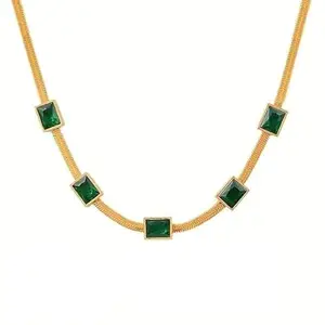 Decent Dynamics Chic Rectangular Pendant Necklace for Women | Aesthetic Jewellery Pendant for Girls | 18k Gold Plated | Snake Neck Chain for Girls Necklace | Minimal Jewellery Locket for Women | Luxury Emerald Stone Necklace