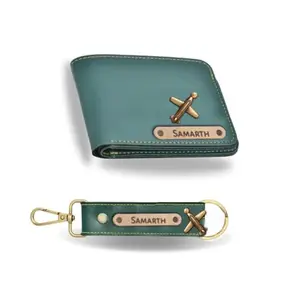 NAVYA ROYAL ART Customized Wallet and Keychain Combo for Men | Personalized Wallet Keychain Set with Name Printed | Leather Name Wallet Keychain for Men | Customised Gifts for Men with Name & Charm (Green)
