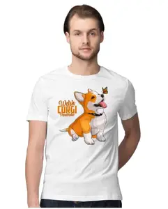 ALLEN BLACK Men's Regular Fit T-Shirt Welsh Corgi & Butterfly 100% Cotton T-Shirt White_WLSHCGMN-White L Men Round_