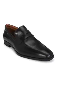Louis Philippe Men Black Leather Slip Ons