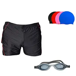 I-SWIM SWIMMING SHORTS V-619 BLACK RED PIPING SIZE 3XL WITH GOGGLES SILICONE IS-1600 WITH POUCH BLUE AND 100% SILICONE SWIMMING CAP PLAIN PINK
