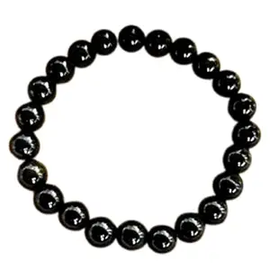 RRJEWELZ Natural Black Tourmaline 8mm Round Shape Smooth Cut Beads 6.5 Inch Stretchable Bracelet For Men & Women. Unisex Bracelet For Healing, Meditation, Prosperity, Gift & Luck|STBR_RR_10280_6.5