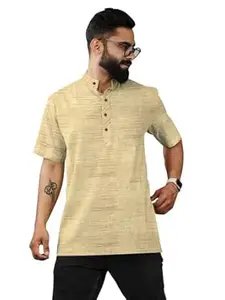 Men Short Kurta Half Sleeve Mandarin Collar | Pure Khadi Cotton Blend Linen Textured Fabric | Casual Ethnic Wear | Festive Kurta for Men