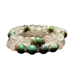 RRJEWELZ Turquoise & crackle quartz 10mm Round Smooth beads Long Distance Couples Love Friendship Combo Bracelet Set - Couples Relationship 6 inch Stretchable Bracelets set|RR_CPBR_300_6